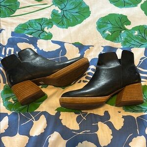 Kork-Ease Black Leather Ankle Booties with Brown Heel